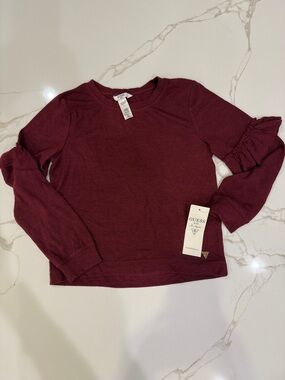 GUESS Burgundy Ruffle Sleeve Crew Neck Top